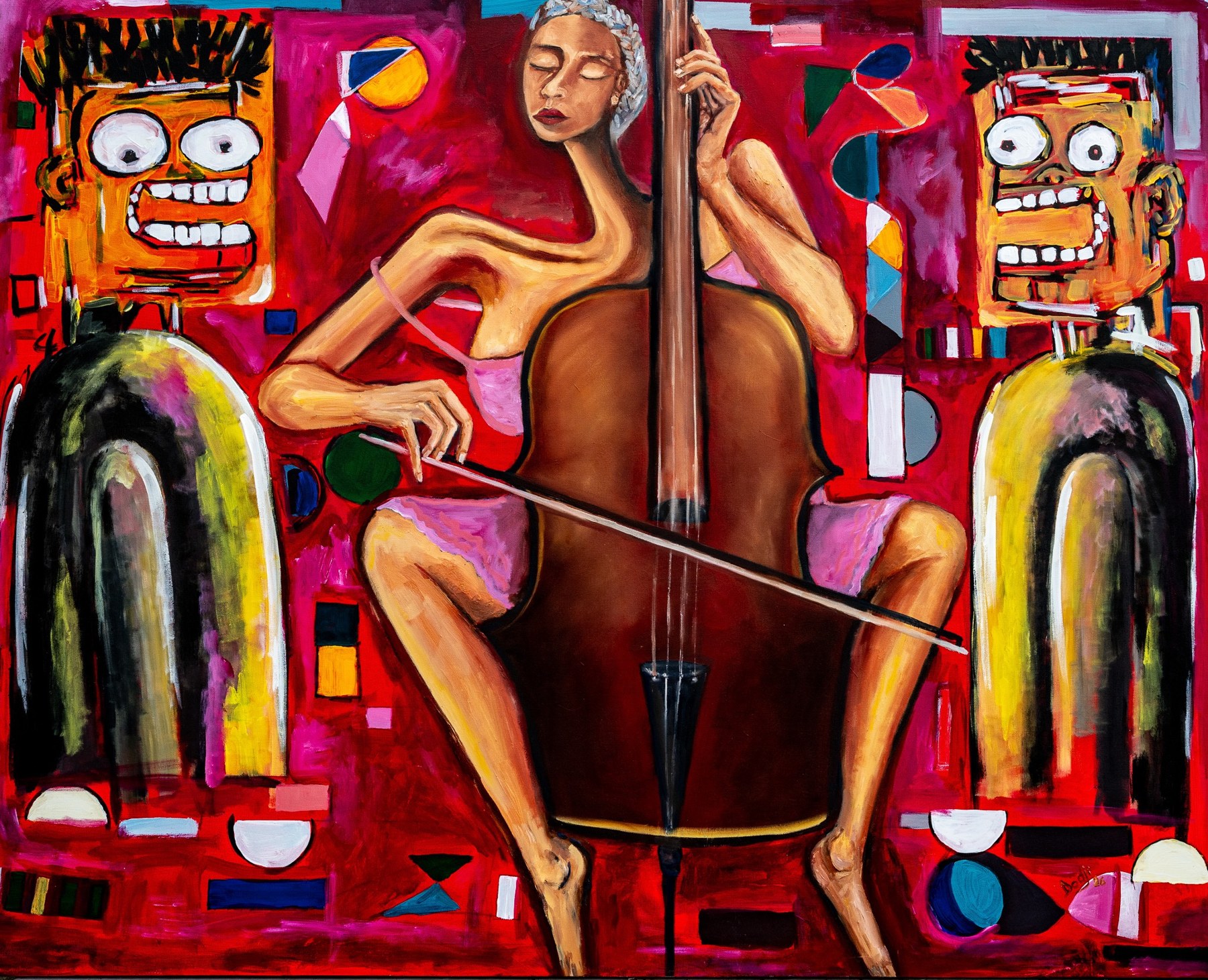 While They Watched, a cellist surrounded by two spectators